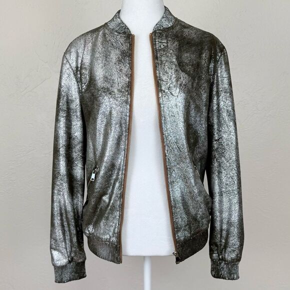Zara Woman Silver Foiled Metallic Bomber Jacket Size S - Picture 2 of 16